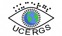 logotipo UCERGS forma de olho no centro pessoas de mãos dadas em circulo redor do planeta, Ucergs em braille no topo e abaixo em letras maiúsculas